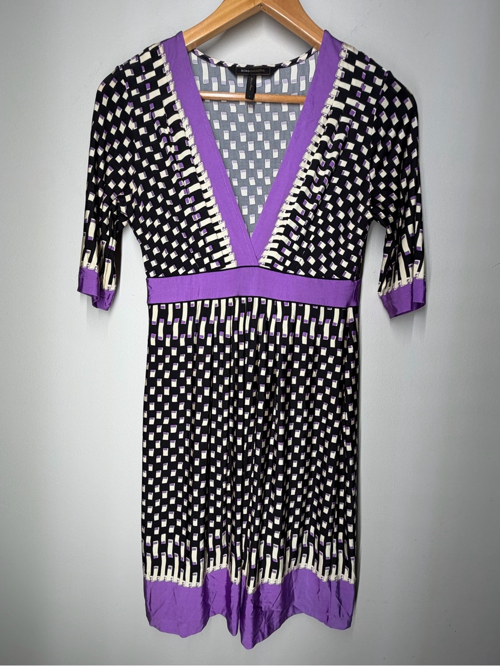 BCBG Max Azria Geometric Print Empire Waist Dress Purple Stretch Career Cocktail